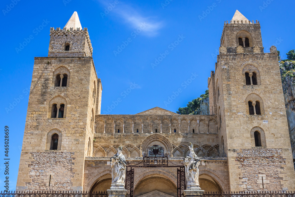 Facade of Transfiguration Cathedral in historic part of Cefalu town on Sicily Island, Italy
