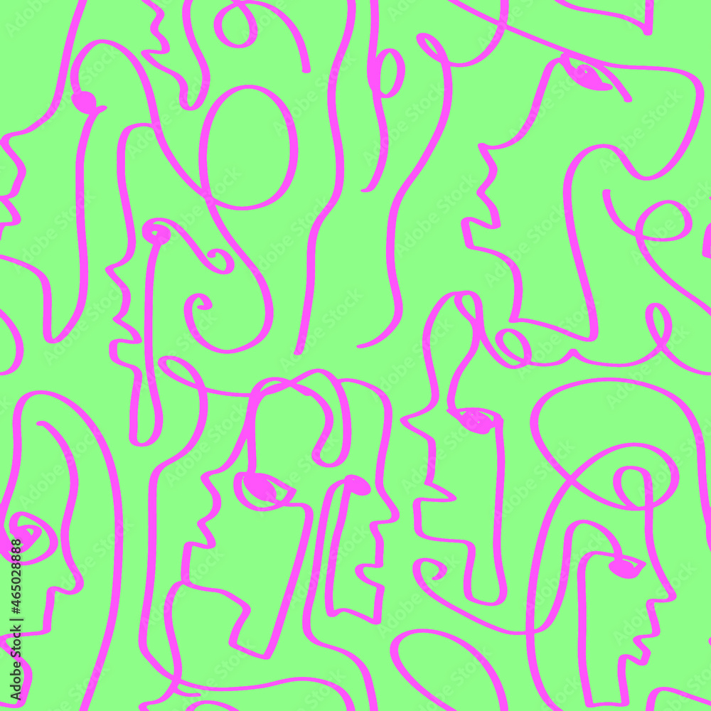 Abstract One Line Drawing People Faces Masks Seamless Vector Pattern Isolated Background