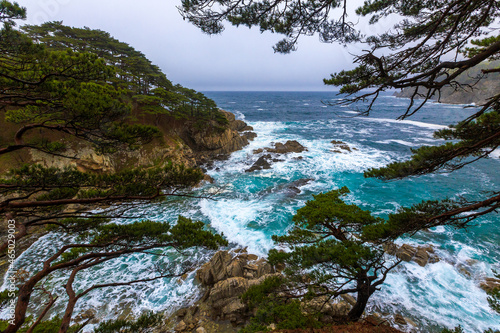 The Gamow Peninsula in the Primorsky Territory in the Far East. Coast of the Far Eastern Marine Reserve. Rocky coast.