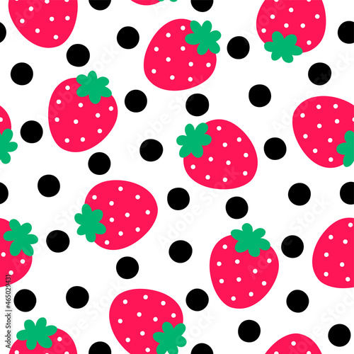 Cute hand drawn strawberry and dot seamless pattern background.