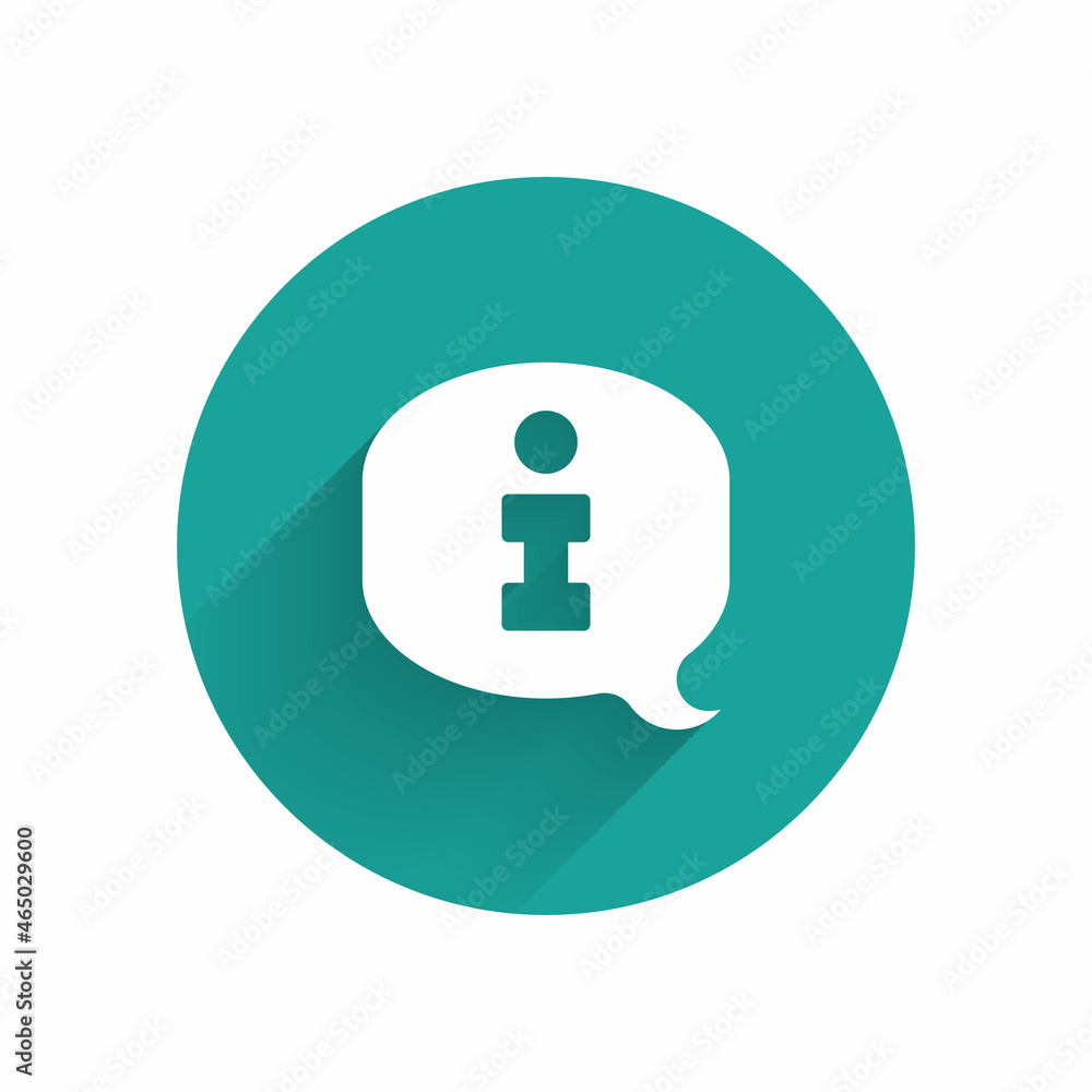 White Information icon isolated with long shadow background. Green circle button. Vector White Information icon isolated with long shadow background. Green circle button. Vector
