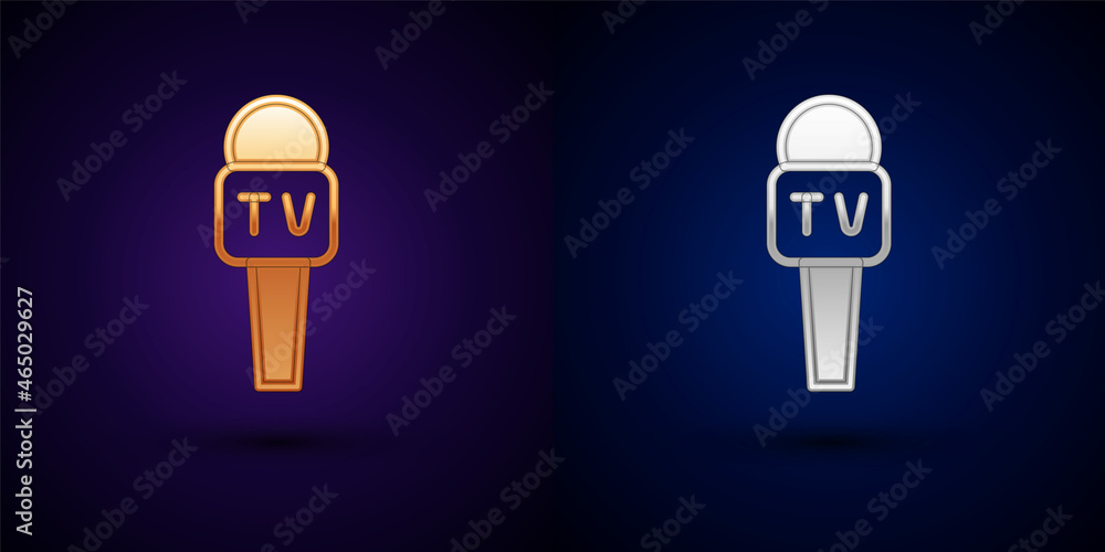 Gold and silver Microphone icon isolated on black background. On air radio mic microphone. Speaker sign. Vector Gold and silver Microphone icon isolated on black background. On air radio mic microphone. Speaker sign. Vector