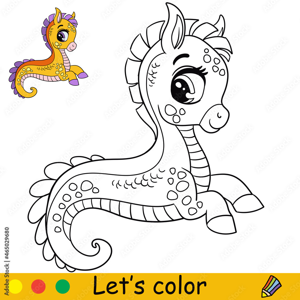 Cartoon cute and funny fantasy sea horse coloring Stock Vector | Adobe