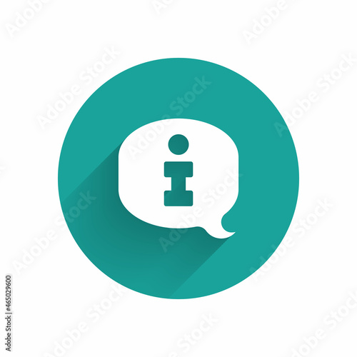 White Information icon isolated with long shadow background. Green circle button. Vector