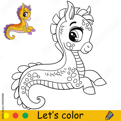 Cartoon cute and funny fantasy sea horse coloring