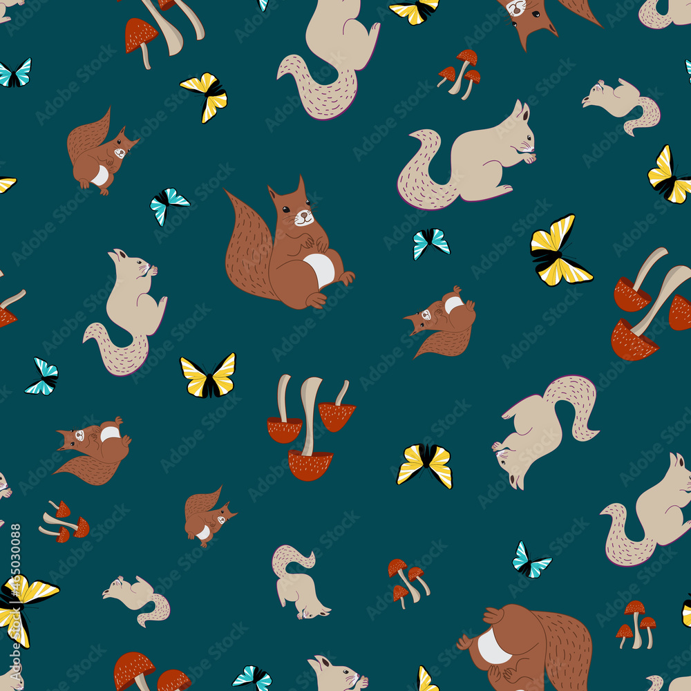 Squirrels autumn vector repeat pattern on dark green background Squirrels autumn vector repeat pattern on dark green background