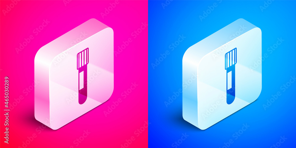 Isometric Test tube and flask chemical laboratory test icon isolated on pink and blue background. Laboratory glassware sign. Silver square button. Vector Isometric Test tube and flask chemical laboratory test icon isolated on pink and blue background. Laboratory glassware sign. Silver square button. Vector