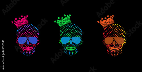 King Skull icons with crown, halftone neon color background