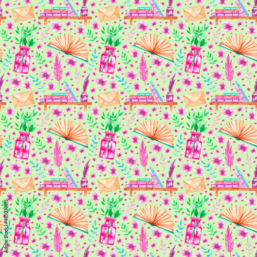 Watercolor library pattern on a green background with flowers