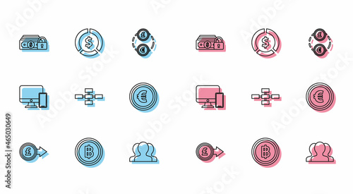 Set line Coin money with pound sterling symbol, Money lock, Users group, Business hierarchy organogram chart infographics, euro, Computer monitor and mobile phone and dollar icon. Vector
