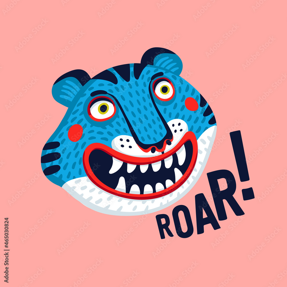 Tiger vector head in blue, cartoon tiger funny face and roar text. Organic flat style vector illustration Tiger vector head in blue, cartoon tiger funny face and roar text. Organic flat style vector illustration
