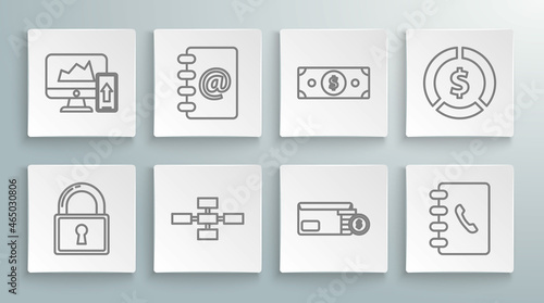 Set line Lock, Business hierarchy organogram chart infographics, Envelope with coin dollar symbol, Stacks paper money cash, Coin and Financial the computer monitor and mobile phone icon. Vector