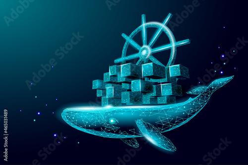 Whale and container computer docker developer app concept. Business digital open source program. Data coding steering 3D low polygonal vector line illustration photo
