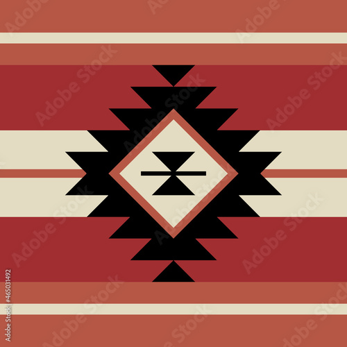 Aztec ethnic bohemian pattern with geometrical shapes in red, orange, grey and black colors on striped background