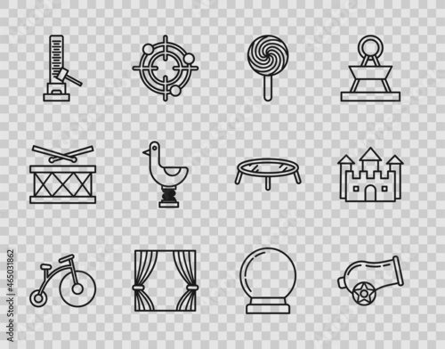 Set line Vintage bicycle with one big wheel and one small, Cannon, Lollipop, Curtain, High striker attraction hammer, Riding kid duck, Magic ball and Castle icon. Vector