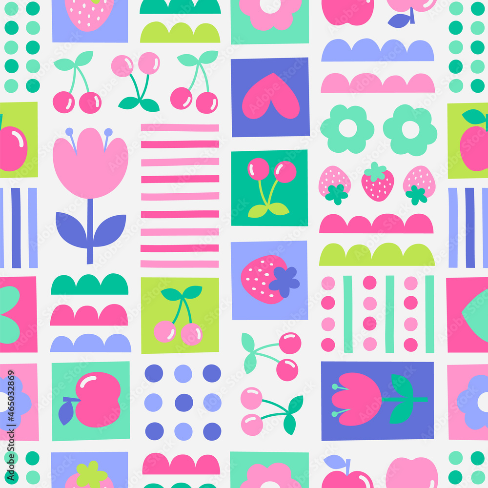 Cute floral and fruit grid styled pattern background. Cute floral and fruit grid styled pattern background.