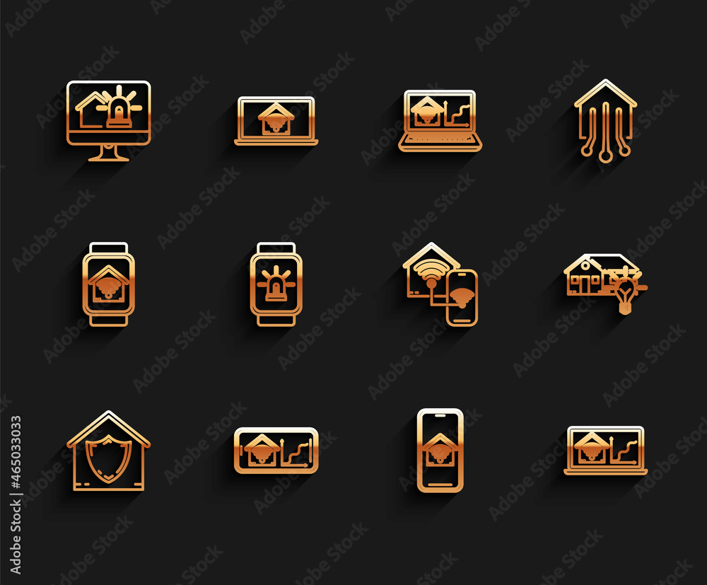 Set line House under protection, Mobile phone with smart home with wi-fi, Computer monitor house and alarm, Laptop, Smart watch, light bulb and icon. Vector Set line House under protection, Mobile phone with smart home with wi-fi, Computer monitor house and alarm, Laptop, Smart watch, light bulb and icon. Vector