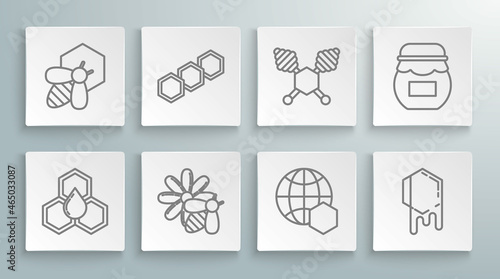 Set line Honeycomb, Bee and flower, map of the world, dipper stick, Jar honey and honeycomb icon. Vector
