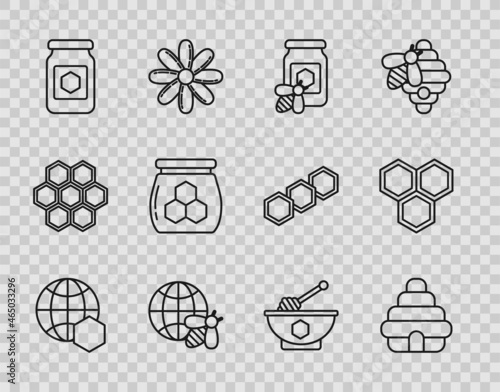 Set line Honeycomb map of the world, Hive for bees, Jar honey with, and, dipper stick bowl and icon. Vector