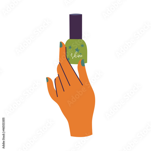 Vector illustration woman hand with painted nails holding jar of nail polish. Manicure. Beauty and care concept.
