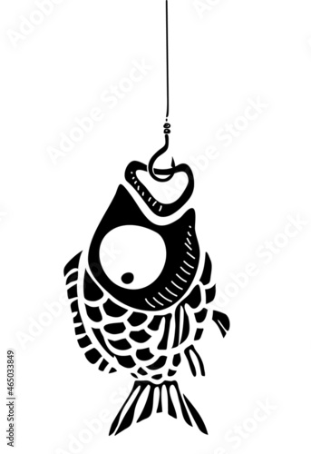 Fish and fishing hook. Cartoon illustration.