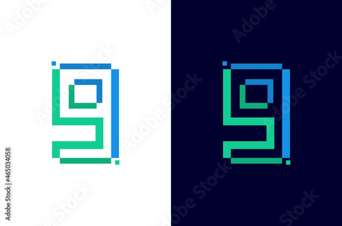 Number 9 digital logo design with pixel icon for technology template or element