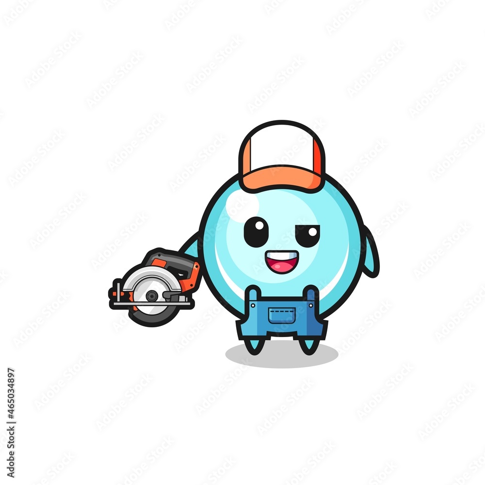 the woodworker bubble mascot holding a circular saw