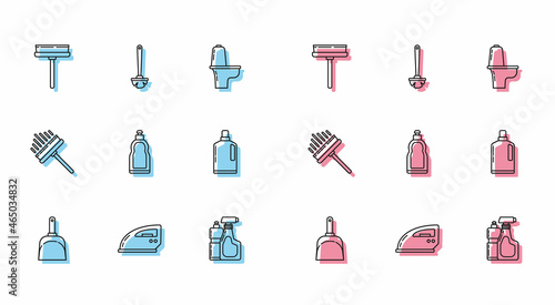 Set line Dustpan, Electric iron, Squeegee, scraper, wiper, Plastic bottles for liquid dishwashing liquid, and Toilet brush icon. Vector