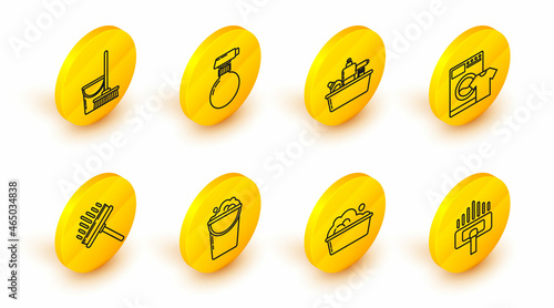 Set line Vacuum cleaner, Plastic basin with soap suds, Bucket foam and bubbles, Squeegee, scraper, wiper, Washer t-shirt, bottles for liquid dishwashing liquid, and Mop bucket icon. Vector