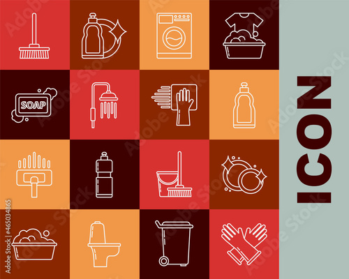 Set line Rubber gloves, Washing dishes, Plastic bottles for liquid dishwashing liquid, Washer, Shower head with water drops flowing, Bar of soap foam, Mop and Cleaning service icon. Vector