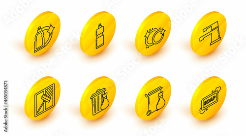 Set line Bar of soap with foam, Trash can, and garbage bag, Squeegee, scraper, wiper, Water tap, Washing dishes, Plastic bottles for liquid dishwashing liquid and icon. Vector