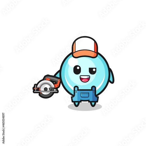 the woodworker bubble mascot holding a circular saw