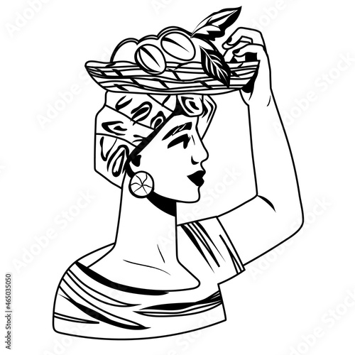 Women with baskets of coffee beans in black and white monochrome graphic, vector illustration isolated on white background. Coffee industry emblem or logo element for brand identity.