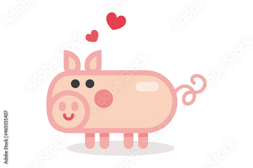 Illustration vecteur d'un petit cochon rose amoureux, des cœurs rouges flottent au-dessus de sa tête, dessin mignon géométrique