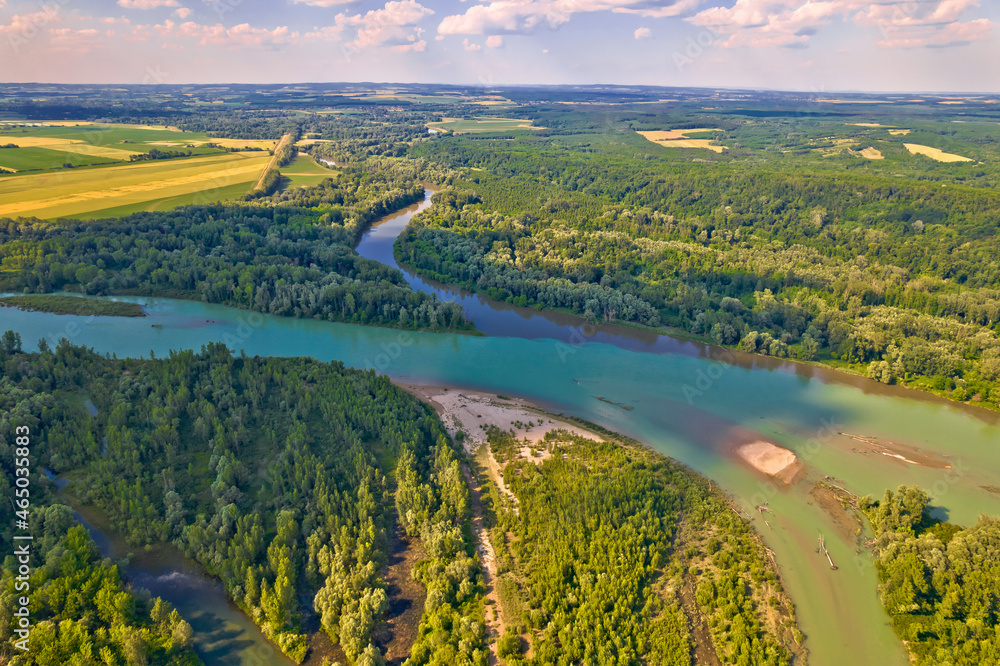 Aerial view of Drava and Mura rivers mouth, Podravina region of Croatia