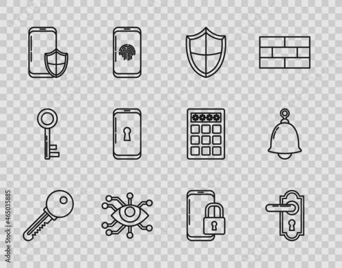 Set line Key, Door handle, Shield, Eye scan, Smartphone with security shield, lock, closed padlock and Ringing bell icon. Vector