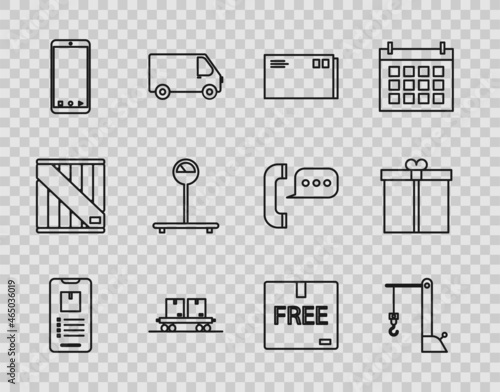 Set line Mobile phone with app delivery tracking, Harbor port crane, Envelope, Railway carriage, Scale, Cardboard box free symbol and Gift icon. Vector