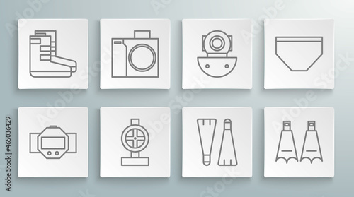 Set line Diving watch, Photo camera for diver, Industry metallic pipes and valve, Rubber flippers swimming, Aqualung, Swimming trunks and Boots icon. Vector