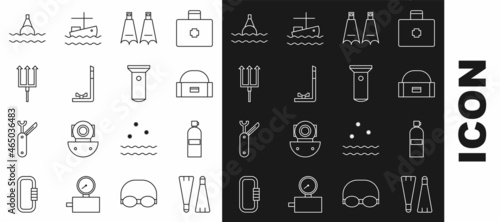 Set line Rubber flippers for swimming, Aqualung, Case box container wobbler, Snorkel, Neptune Trident, Floating buoy the sea and Flashlight icon. Vector