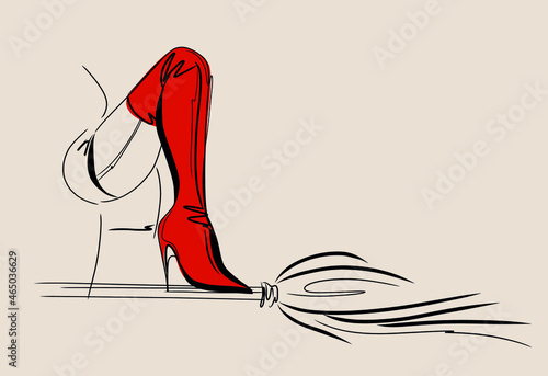 Vector original fashion illustration of halloween slender witch legs with broom. Woman fashion model logo design template.