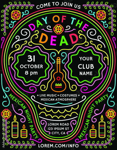 Day of the Dead announcing poster template with mexican style decorative details. Colorful invitation with customized text for fiesta or costume party flyer.