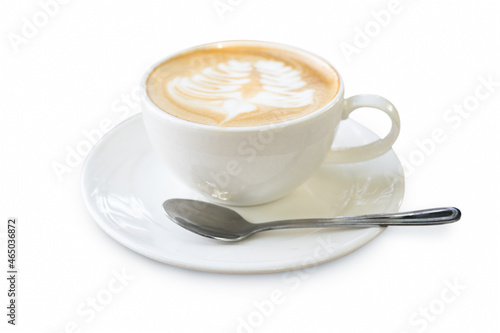 Latte coffee in white coffee cup with plate and spoon on white background with clipping path