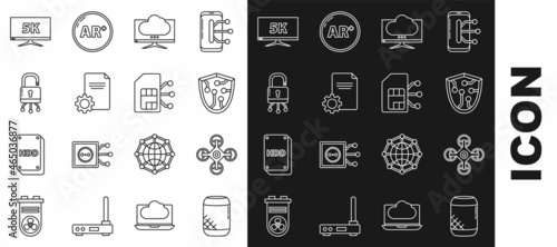 Set line Voice assistant, Drone, Cyber security, Computer monitor screen, File document, Lock digital circuit board, Monitor display with 5k video and Sim card icon. Vector