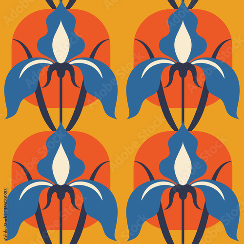 Seamless pattern with decorative iris flower. Simple art deco composition. Vector.