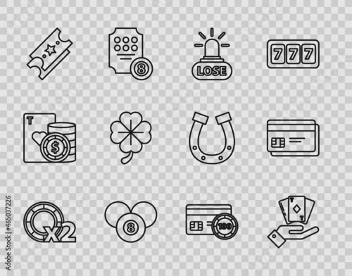 Set line Casino chips, Hand holding deck of playing cards, losing, Billiard pool snooker 8 ball, Lottery ticket, Four leaf clover, Credit and icon. Vector
