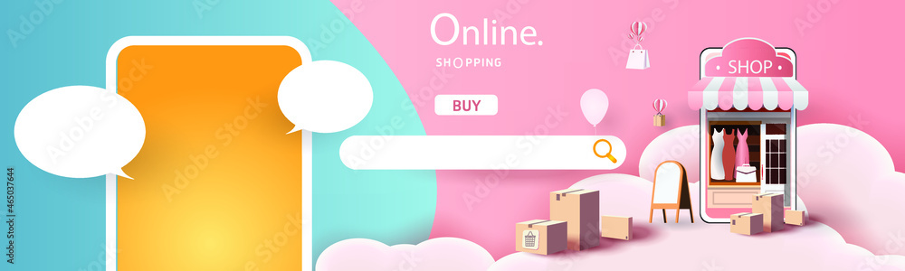 paper art shopping online on smartphone and new buy sale promotion pink background for banner market ecommerce. paper art shopping online on smartphone and new buy sale promotion pink background for banner market ecommerce.