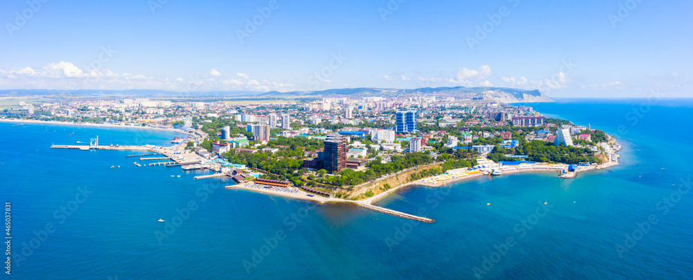 Wonderful panorama of the city of the resort of Anapa and the beaches in the city limits, a view from a drone from the sea
