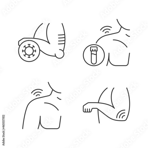 Shoulder and elbow pain linear icons set. Autoimmune condition. Rheumatism blood test. Septic arthritis. Customizable thin line contour symbols. Isolated vector outline illustrations. Editable stroke