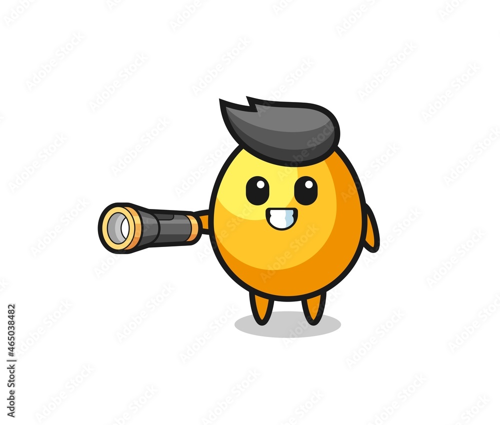 golden egg mascot holding flashlight