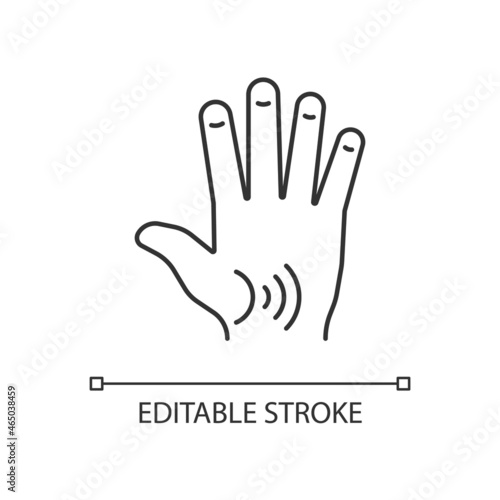 Thumb arthritis linear icon. Degenerative changes. Osteoarthritis in thumb. Enlarged joint. Thin line customizable illustration. Contour symbol. Vector isolated outline drawing. Editable stroke